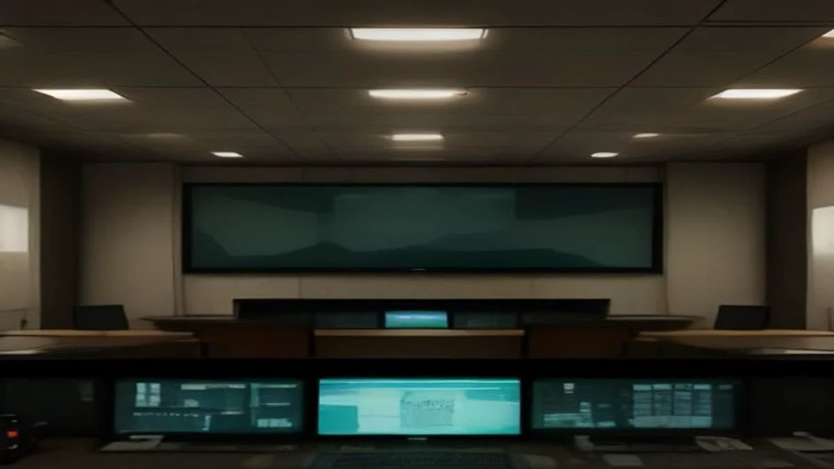 Control room with several monitors showing abstract dashboards, lit by mixed daylight and amber interior light, seen from a low angle
